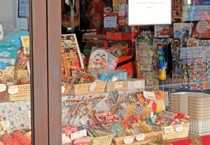 The windows give you a peek into the toy and candy store.